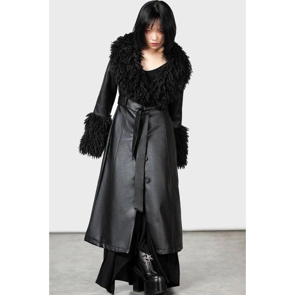 Killstar Midnight Sun Penny Lane Faux Leather Faux Fur Belted Coat Black S